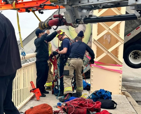 At around 12P.M. on Friday, March 1, 2024, rescue crews responded to a high-angle rescue on the Clark Memorial Bridge. They immediately assessed the scene and began rescue operations to save a semi-truck driver who was still in the cab of her truck hanging off the bridge over the Ohio River. Through their swift and proficient maneuvering, they safely rescued the victim in about 40 minutes.