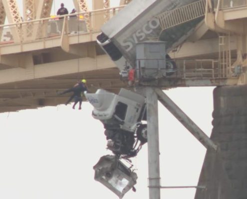 At around 12P.M. on Friday, March 1, 2024, rescue crews responded to a high-angle rescue on the Clark Memorial Bridge. They immediately assessed the scene and began rescue operations to save a semi-truck driver who was still in the cab of her truck hanging off the bridge over the Ohio River. Through their swift and proficient maneuvering, they safely rescued the victim in about 40 minutes.